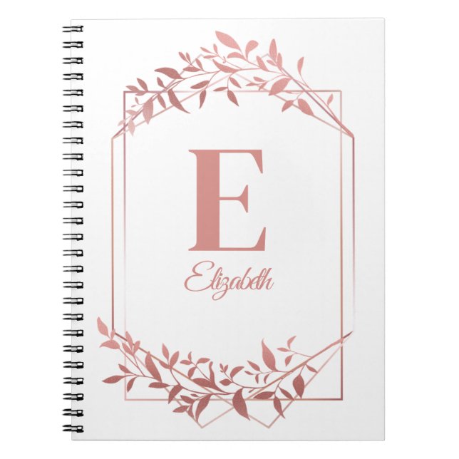 Caderno Espiral Moldura de ouro rosa, monograma, elegante (Frente)