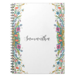 Caderno Espiral Moldura de peacocks com flores a aquarela