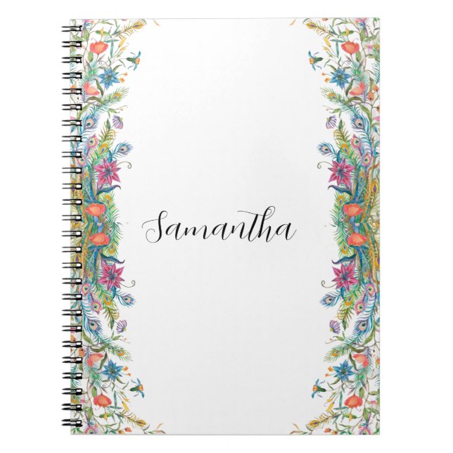 Caderno Espiral Moldura de peacocks com flores a aquarela (Frente)