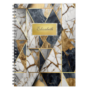 Caderno Espiral Moldura Dourada Moderna, Mármore Geométrico Preto