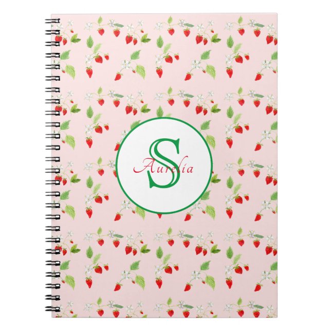 Caderno Espiral Molercola de água Morango Flor Padrão Monograma (Frente)