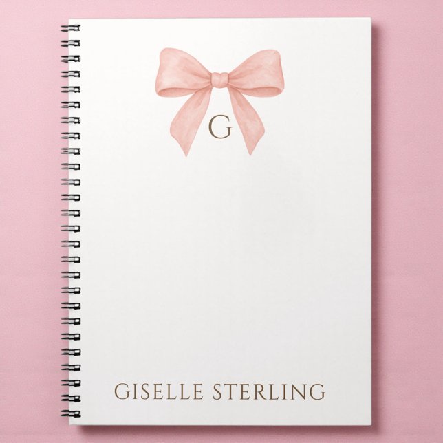 Caderno Espiral Monogram Blush Pink Bow Watercolor (Criador carregado)