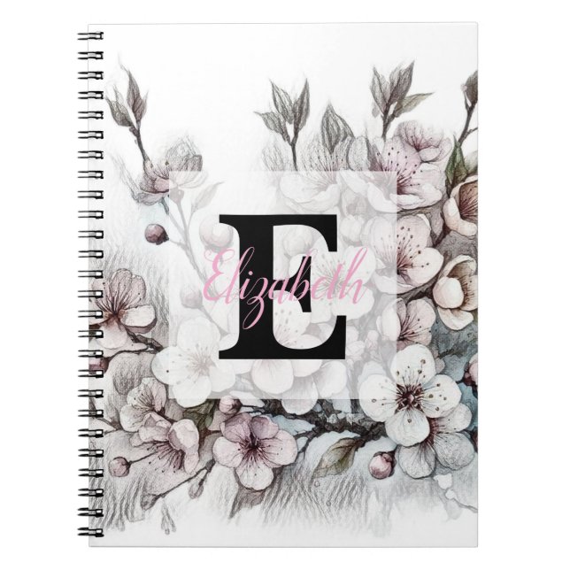 Caderno Espiral Monogram floral drawing pink cherry blossom  (Frente)