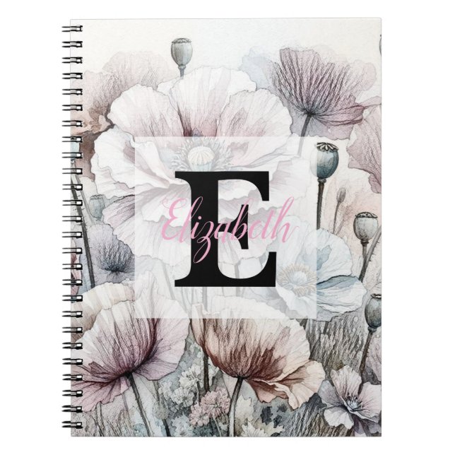 Caderno Espiral Monogram floral drawing pink pastel poppy flowers  (Frente)
