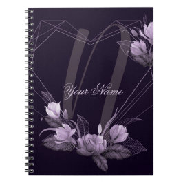 Caderno Espiral Monogram Name Purple Floral Violet Geometric Frame