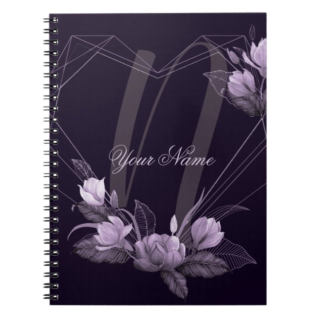 Caderno Espiral Monogram Name Purple Floral Violet Geometric Frame (Frente)