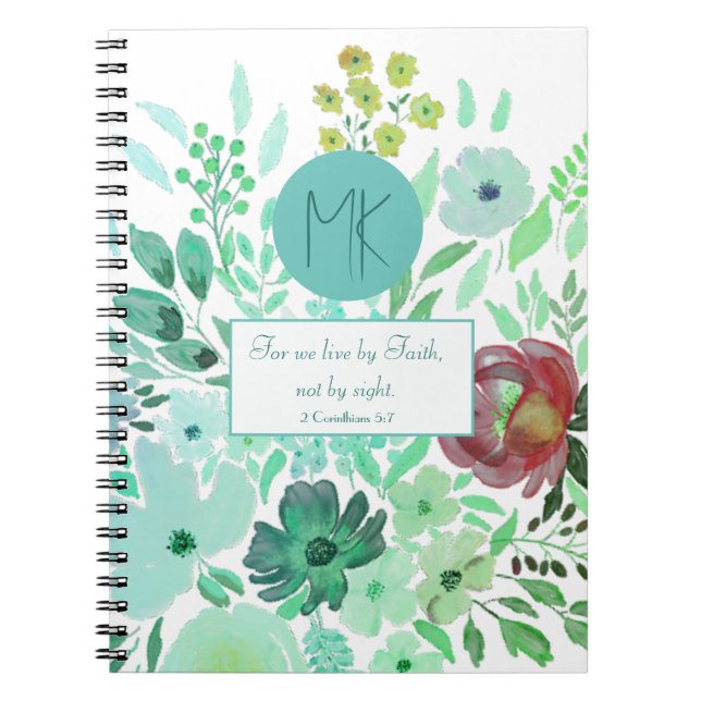 Caderno Espiral Monogram Scripture Aqua Green Watercolor Floral  (Frente)