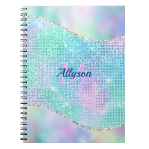 Caderno Espiral Monograma 3D, Nome, Brilho Iridescente