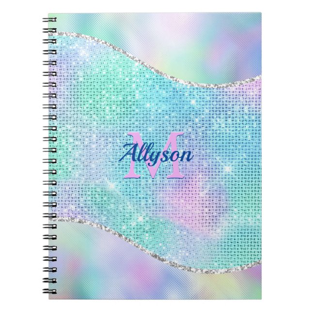 Caderno Espiral Monograma 3D, Nome, Sparkle Iridescente (Frente)
