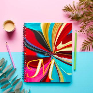 Caderno Espiral Monograma Abstrato Líquido Azul Vermelho Dourado Ú