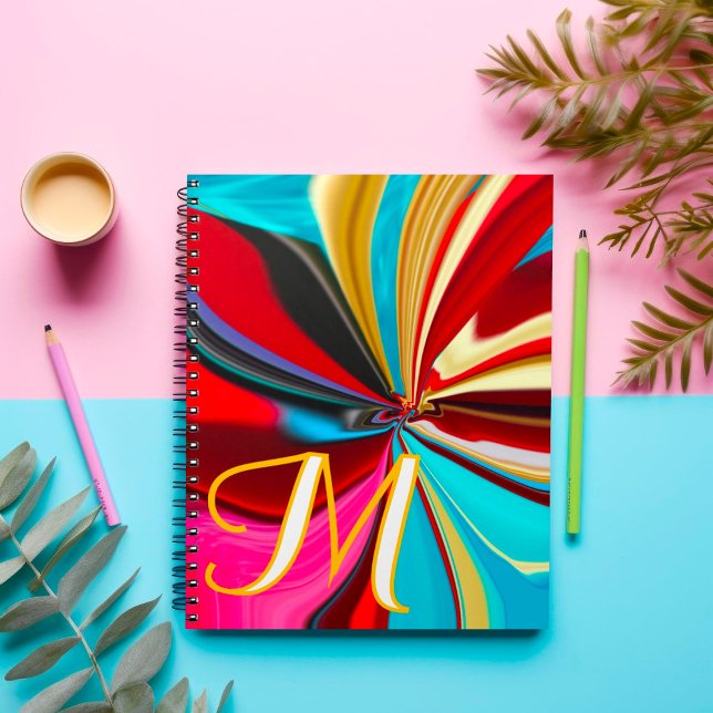 Caderno Espiral Monograma Abstrato Líquido Azul Vermelho Dourado Ú (Criador carregado)
