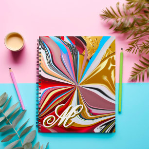 Caderno Espiral Monograma Abstrato Líquido Flor de Ouro Colorida