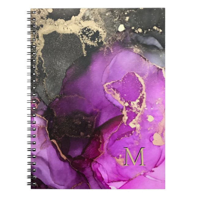 Caderno Espiral Monograma Abstrato Roxo Preto Dourado Tinta Álcool (Frente)