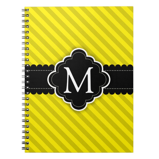 Caderno Espiral Monograma amarelo do costume do preto do teste (Frente)
