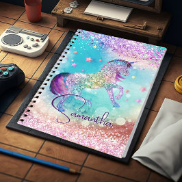 Caderno Espiral Monograma aqua branco de unicórnio rosa brilhante