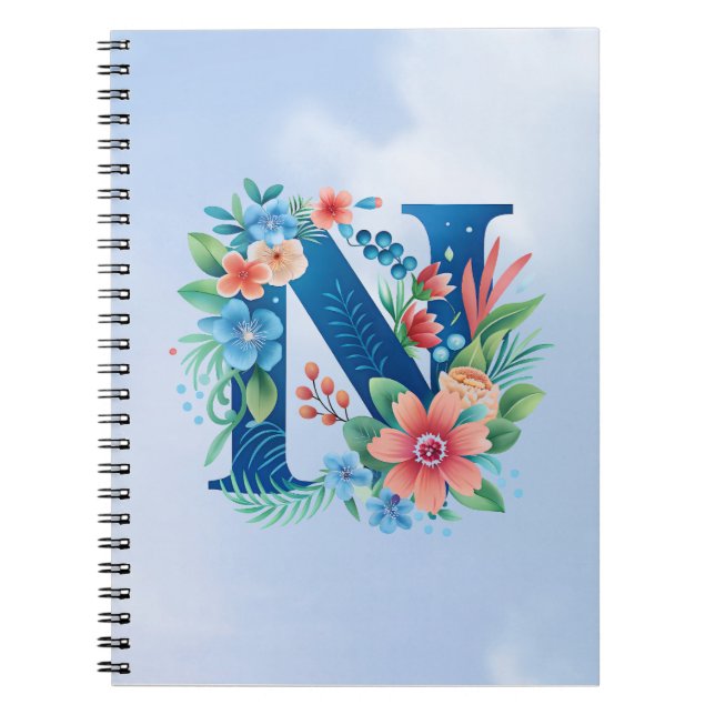 Caderno Espiral Monograma azul com flores (Frente)