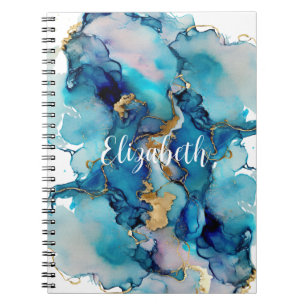 Caderno Espiral Monograma Azul Dourado Lavado Splash Aquarela Abst