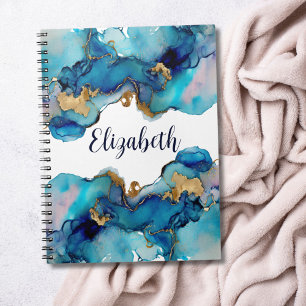 Caderno Espiral Monograma Azul Dourado Lavado Splash Aquarela Abst