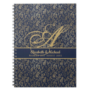 Caderno Espiral Monograma Azul Marinho Folha Dourada Noivos Casame