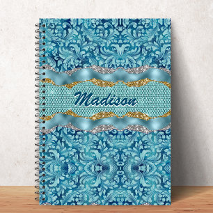 Caderno Espiral Monograma azul-turquesa dourado glitter floral chi