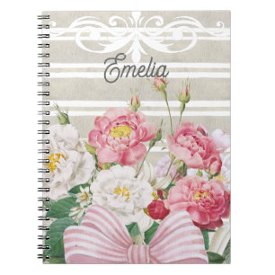 Caderno Espiral Monograma belo floral Listras empoeiradas Cinza ro