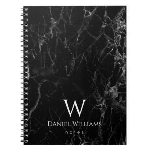 Caderno Espiral Monograma Black Marble Modern White Nome inicial