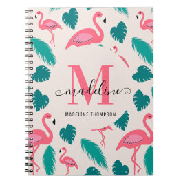 Caderno Espiral Monograma Bonito Folhas Tropicais Flamingo Rosa Vi