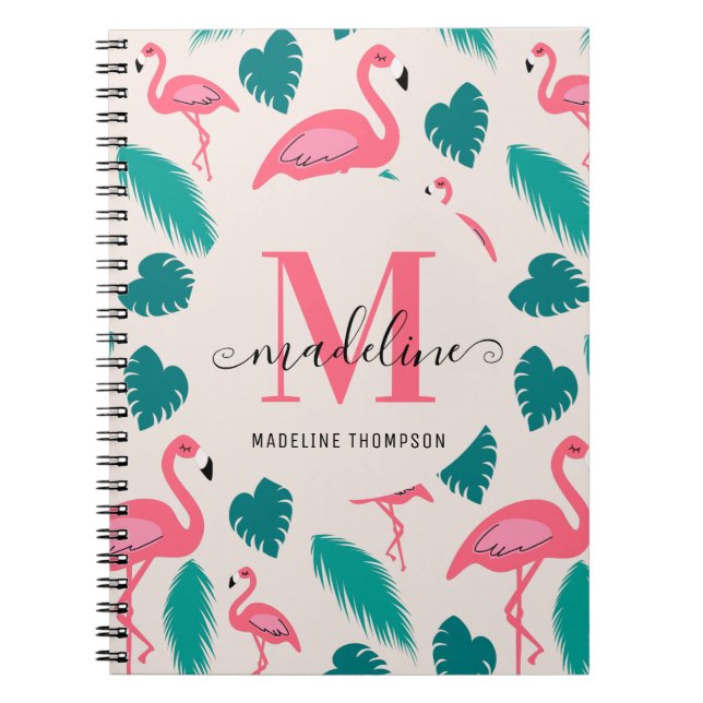 Caderno Espiral Monograma Bonito Folhas Tropicais Flamingo Rosa Vi (Frente)