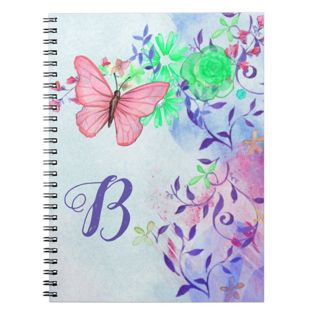 Caderno Espiral Monograma Borboleta Rosa Escamuflada Elegante (Frente)