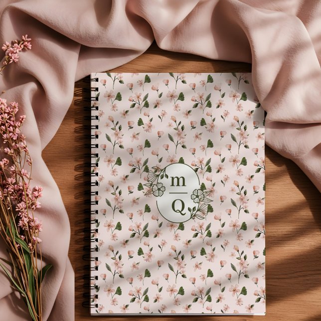 Caderno Espiral Monograma Botânico Elegante Aquarela Floral (Elegant Botanical Monogram Logo Floral Watercolor Notebook)