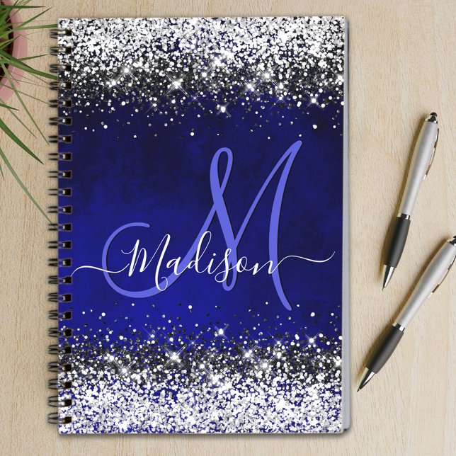 Caderno Espiral Monograma branco azul-prateado azul brilhante (Criador carregado)