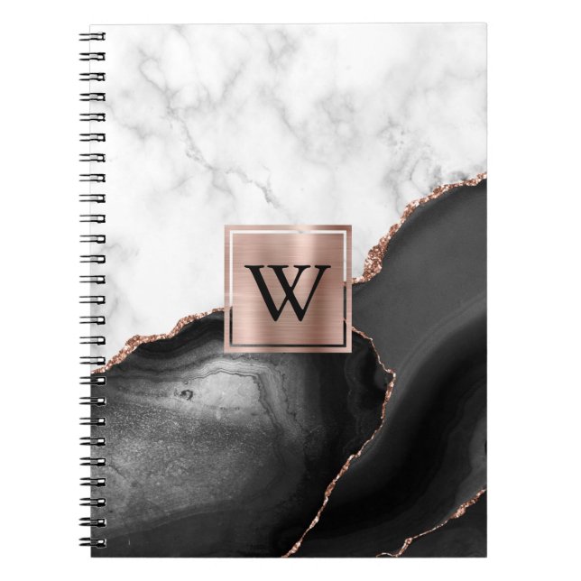 Caderno Espiral Monograma branco Dourado Rosa de Agate preto (Frente)