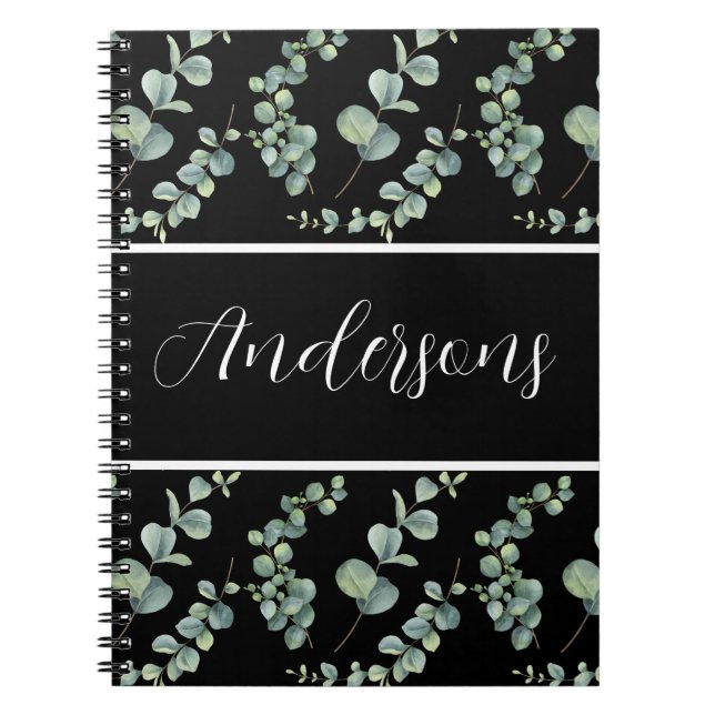 Caderno Espiral Monograma branco elegante e Eucalyptus com aquarel (Frente)