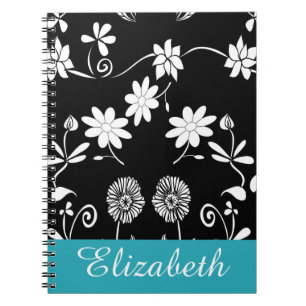 Caderno Espiral Monograma Branco Floral Preto Personalizado Chevro