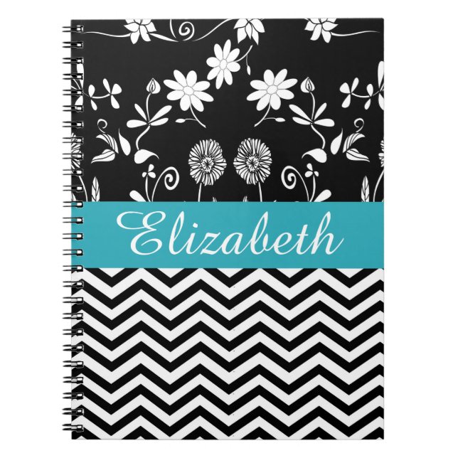Caderno Espiral Monograma Branco Floral Preto Personalizado Chevro (Frente)