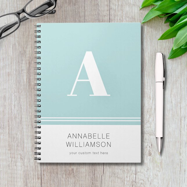 Caderno Espiral Monograma branco moderno, simples notebook (Modern simple minimalist monogram notebook with customizable text in mint aqua and white.)