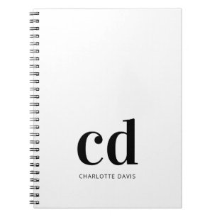Caderno Espiral Monograma branco preto, iniciais elegante minimali