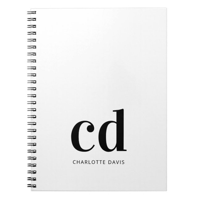 Caderno Espiral Monograma branco preto, iniciais elegante minimali (Frente)