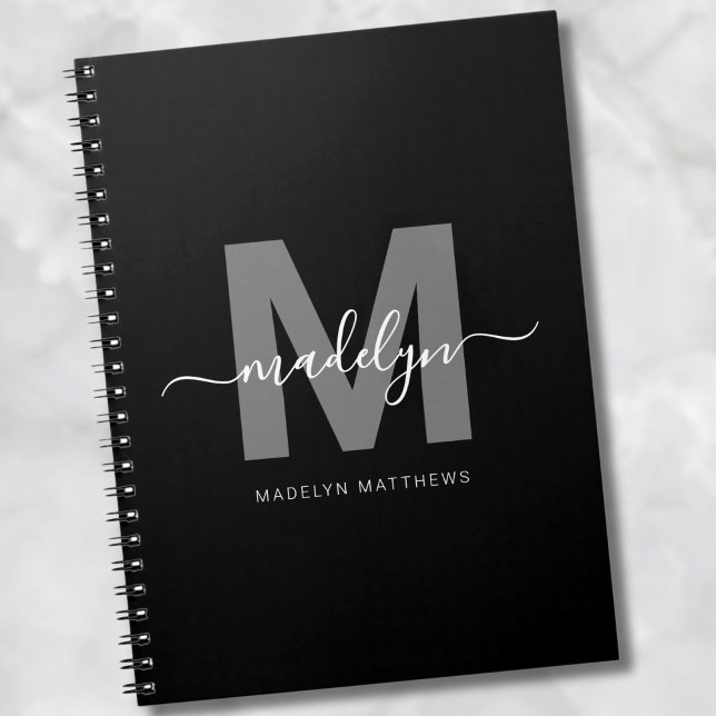 Caderno Espiral Monograma branco preto profissional inicial (Professional Black White Monogram Initial notebook)