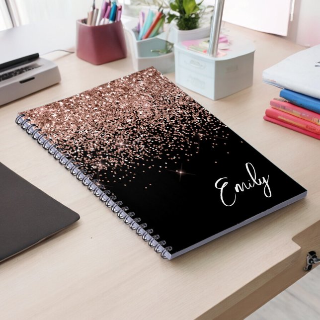 Caderno Espiral Monograma Brilhante preto-Rosa Dourado, cor-de-ros (Criador carregado)