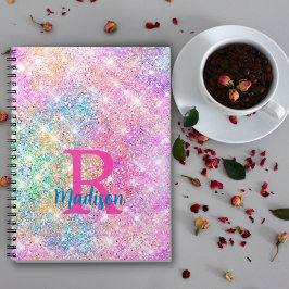 Caderno Espiral Monograma cintilante branco iridescente, cor-de-ro