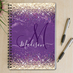 Caderno Espiral Monograma cintilante de ouro roxo, iridescente e c