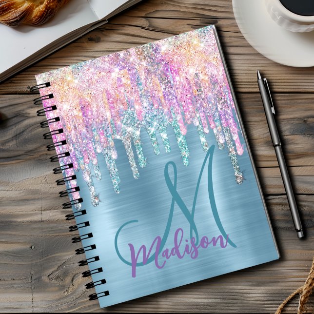 Caderno Espiral Monograma cintilante de unicórnio aqua rosa-chic (Criador carregado)