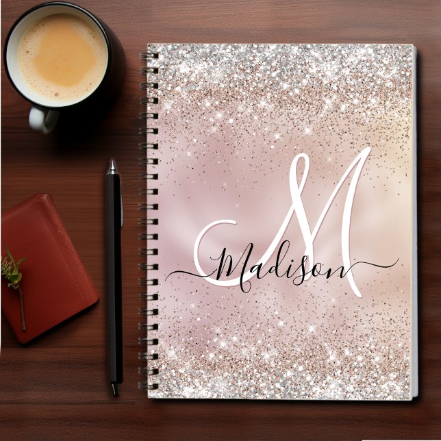 Caderno Espiral Monograma cinzento rosa dourado cônico prateado (Criador carregado)