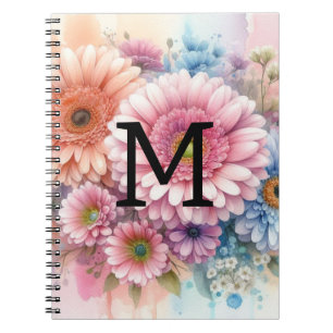 Caderno Espiral Monograma com aquarela, cor-de-rosa, gerbera daisi