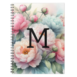 Caderno Espiral Monograma com aquarela floral, cor-de-rosa, párias