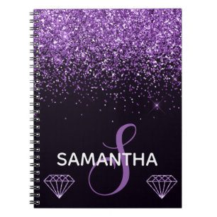 Caderno Espiral Monograma com Brilho Roxo e Diamantes