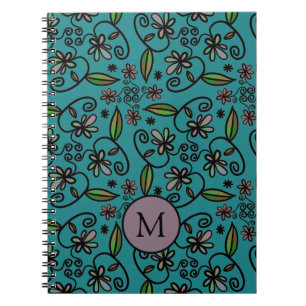 Caderno Espiral Monograma com padrão floral azul-turquesa fofo