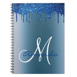 Caderno Espiral Monograma com Pingentes de Brilho Metálico Azul Ma