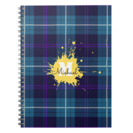 Caderno Espiral Monograma com respingo amarelo e xadrez azul Celad